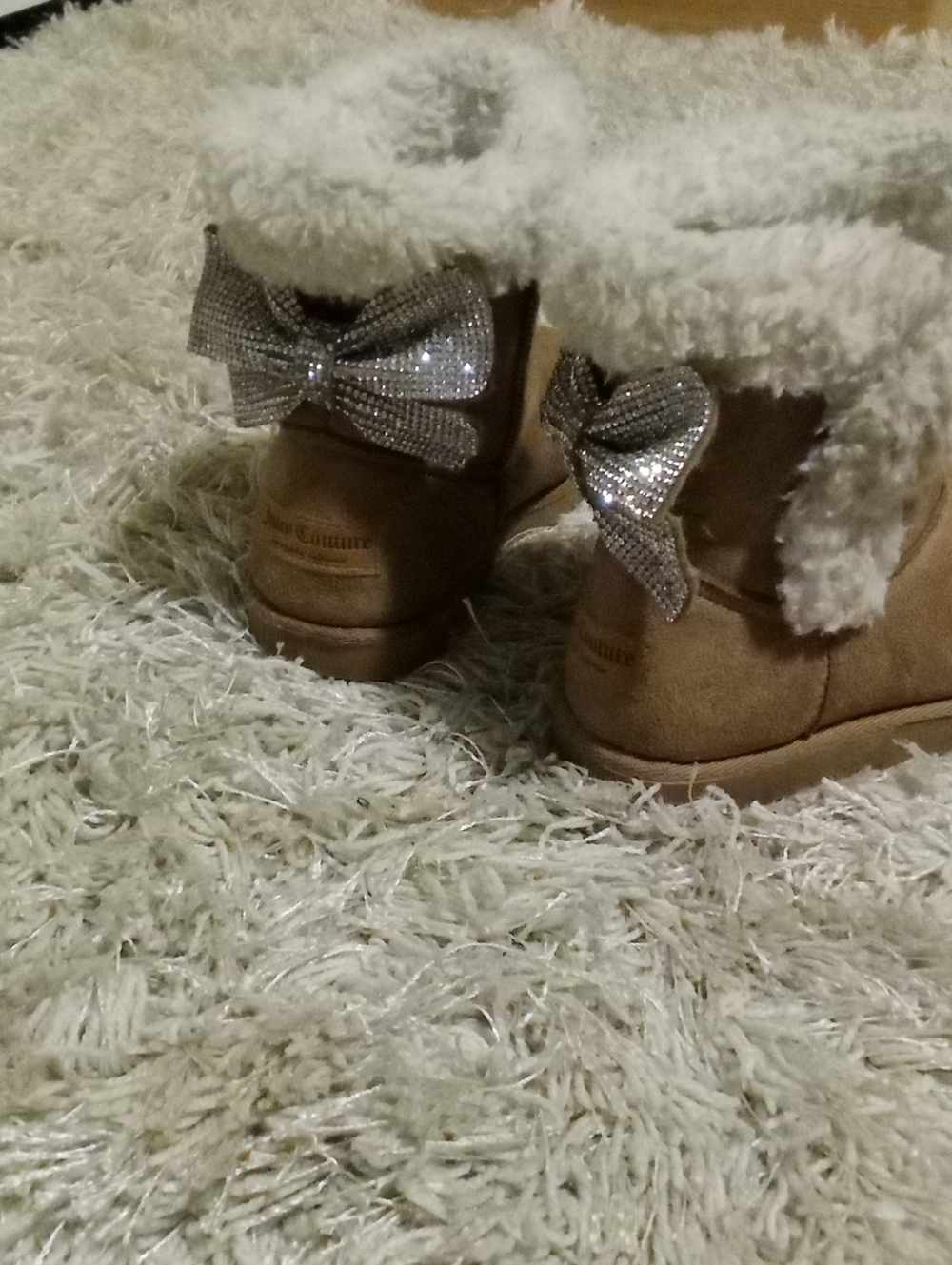 Juicy Couture Chestnut Brown Kids Faux-Shearling Boots with Rhinestone Bow's